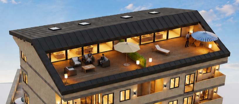 The rooftop terrace of the duplex penthouses