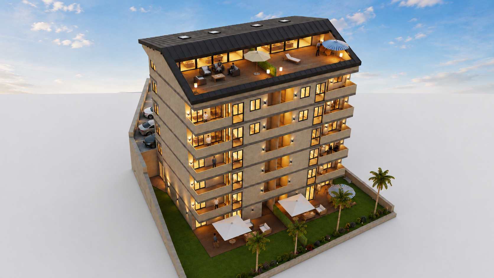 Aerial rendering of the building