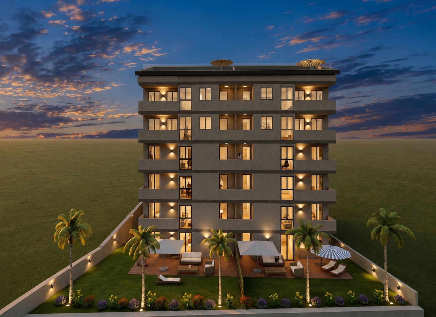 Front elevation of the building at dusk