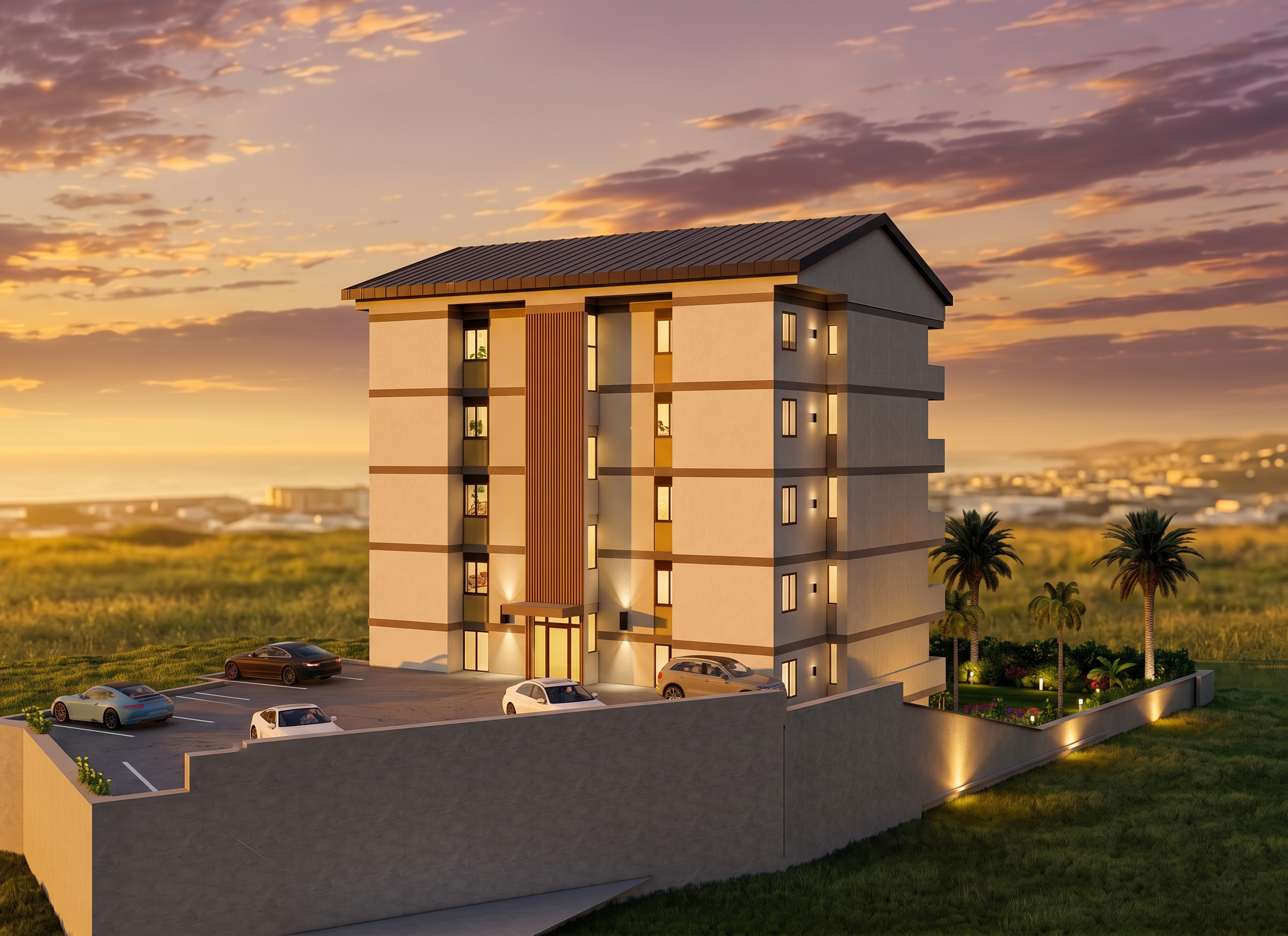 The building in its hillside setting at sunset