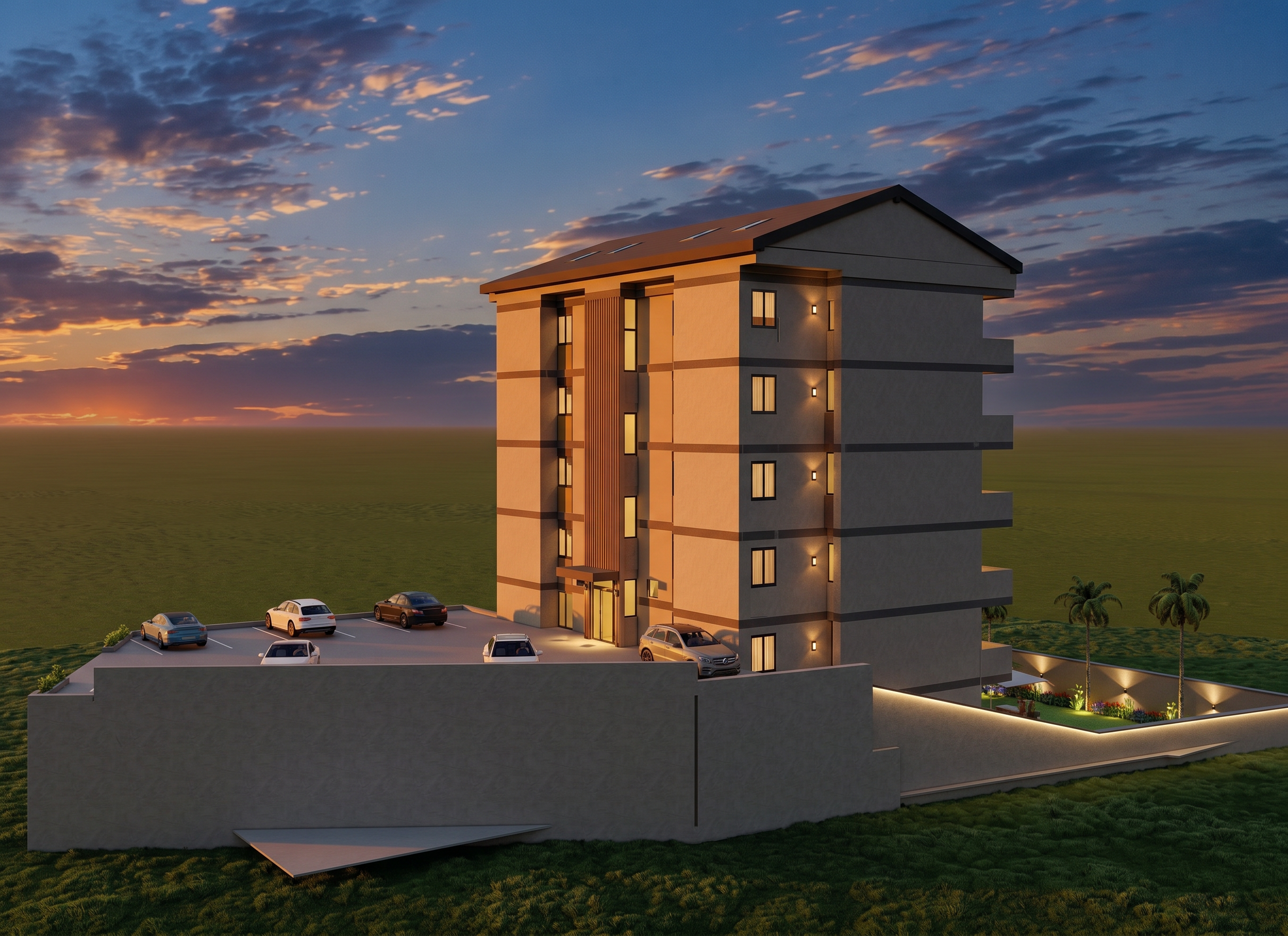 Evening approach to the building