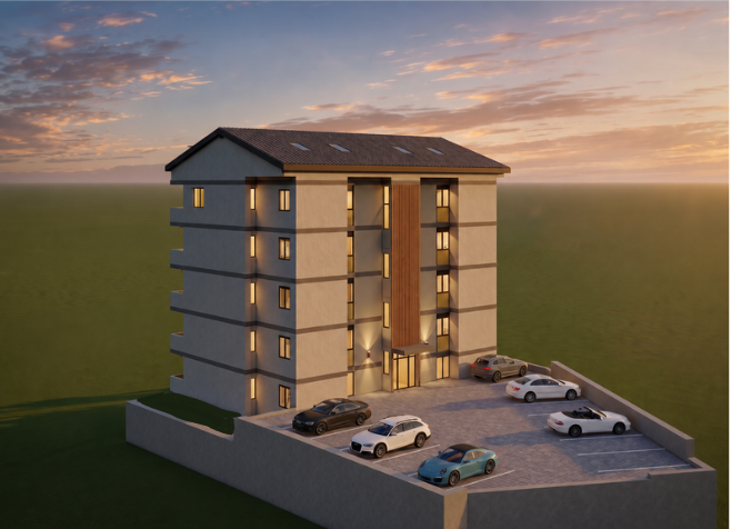 Three-quarter corner view of the building in the evening