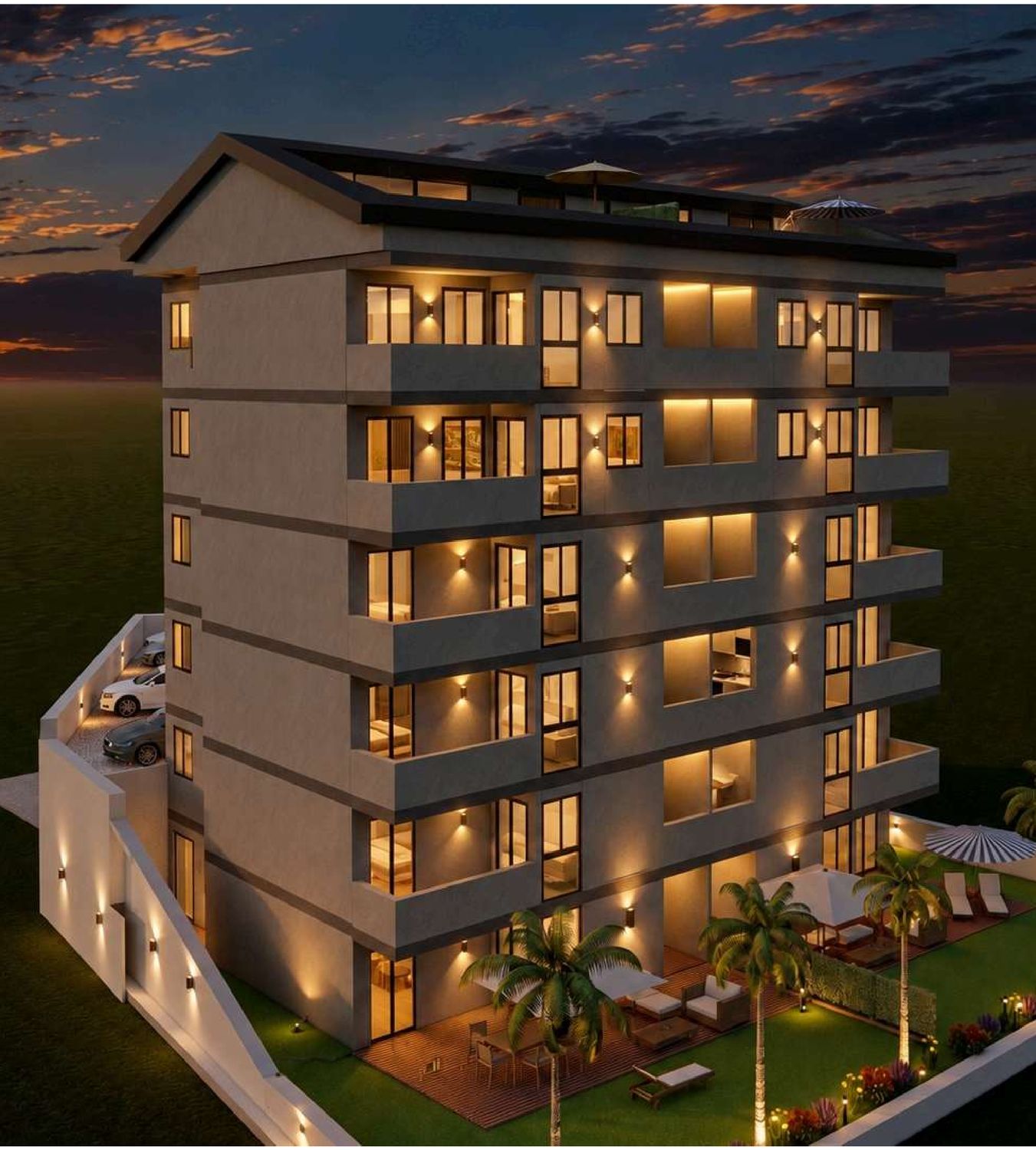 Project rendering of the building, night view